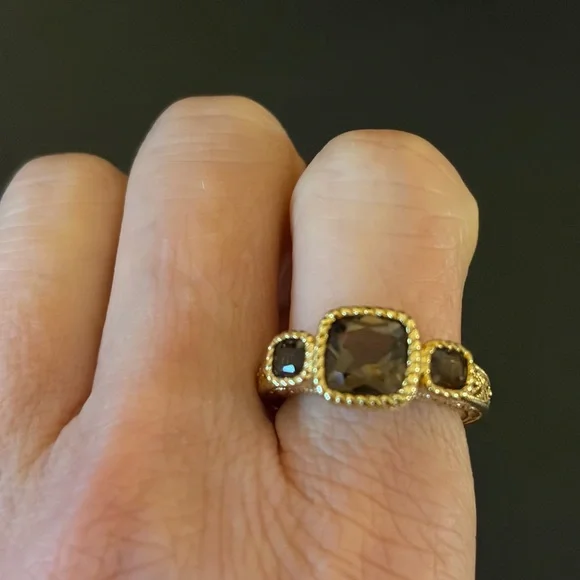 Judith Ripka Estate-Inspired 3 Stone Smoky Quartz Ring, 14K Gold-Clad, size 7